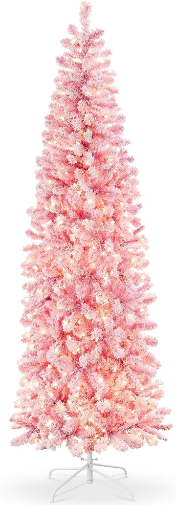 Flocked Pink Pencil Christmas Tree, Pre-Lit Slim Artificial Holiday Decoration, Lighted Skinny w/Base, Warm