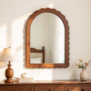 Wavy 22x30 Arched Scalloped Farmhouse Unique Wall Brown Wood Mirror