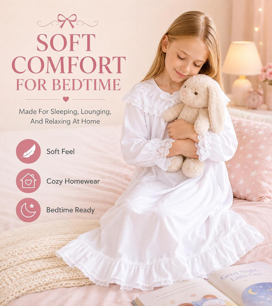 Girls Nightgowns Lace Long Sleeve Princess Pajamas Dress