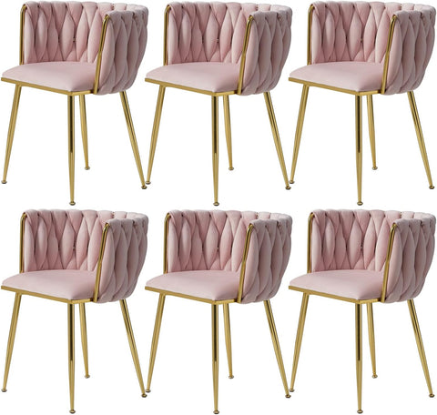 Woven Velvet Dining Chairs Set of 6, Upholstered Accent Chairs with Gold Metal Legs, Modern Dining Room Chairs, Pink