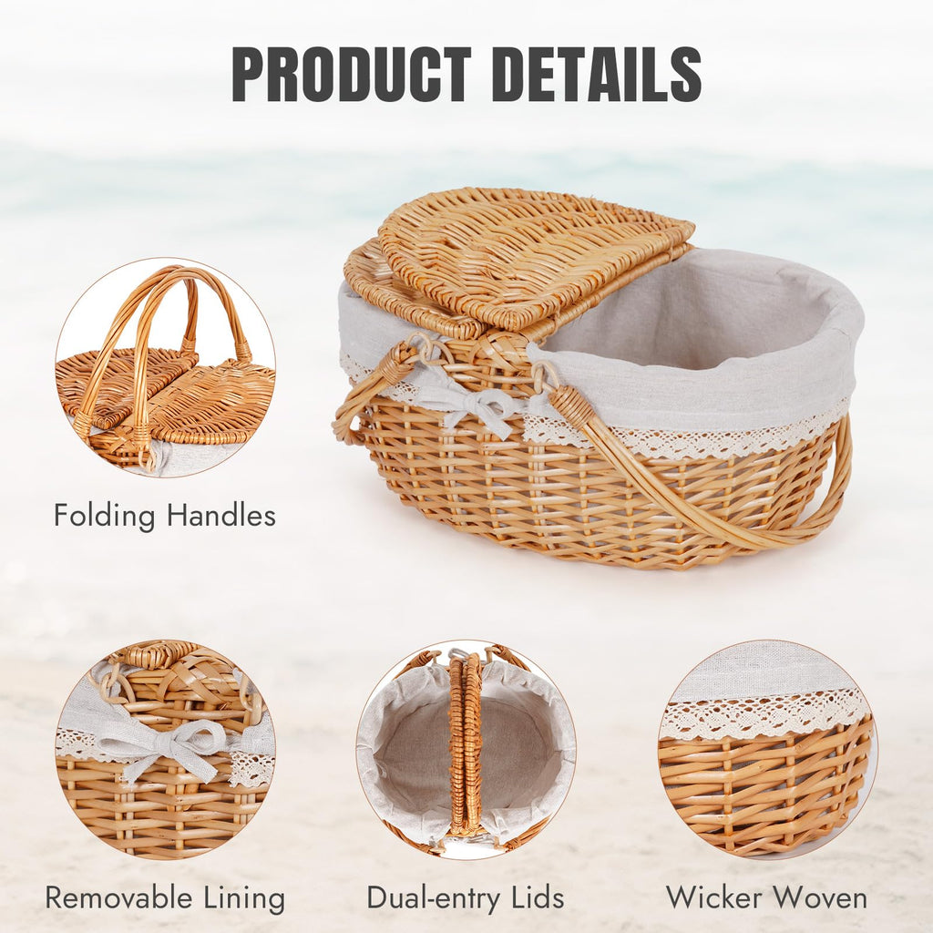 Wicker Picnic Basket with Handle & Lid, 15" Vintage Hand Woven