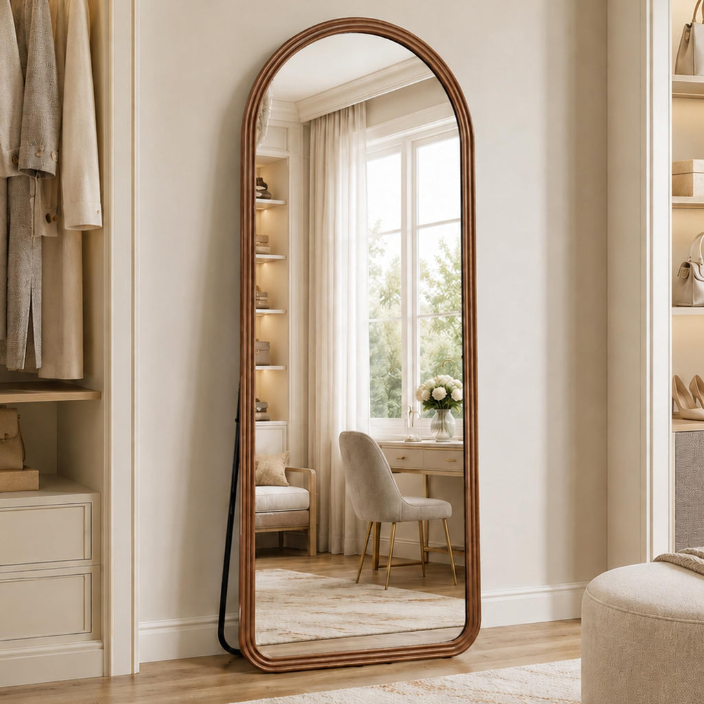 24x65 Inch Wood Arched Full Length Floor Mirror, Red Walnut