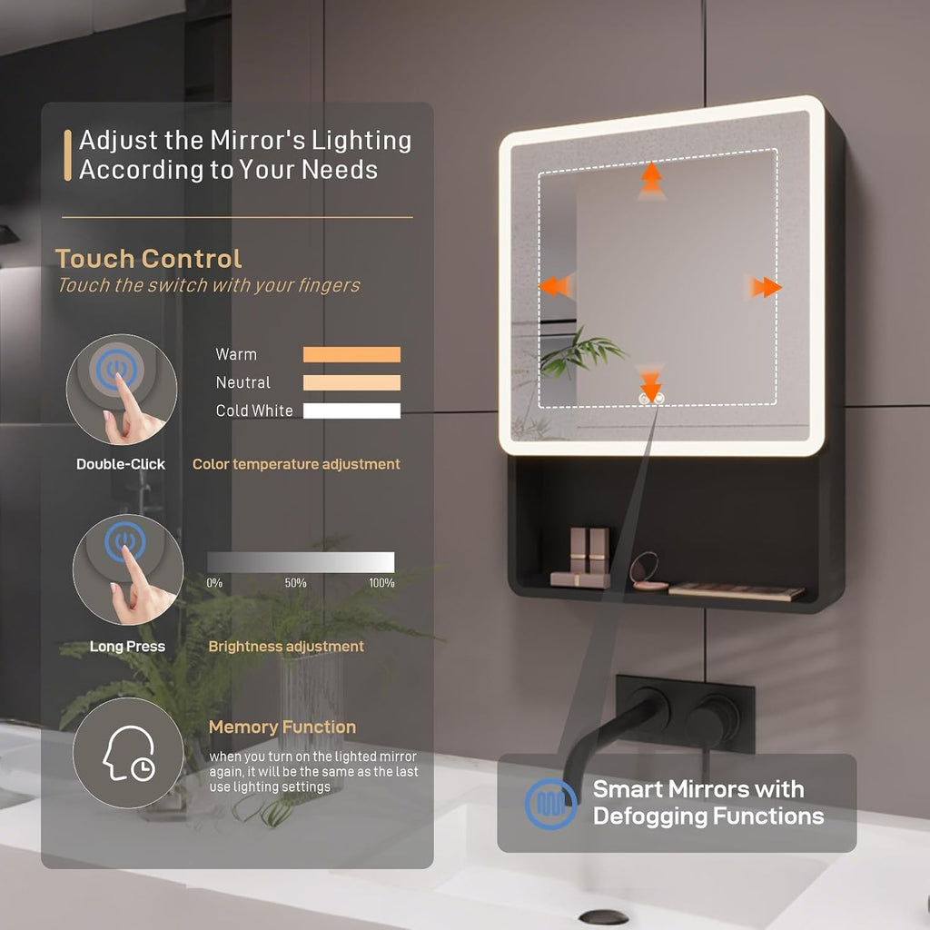 19"x28" Lighted Medicine Cabinet, Bathroom Mirror with Storage Touch Screen Switch Anti-Fog, Adjustable Brightness