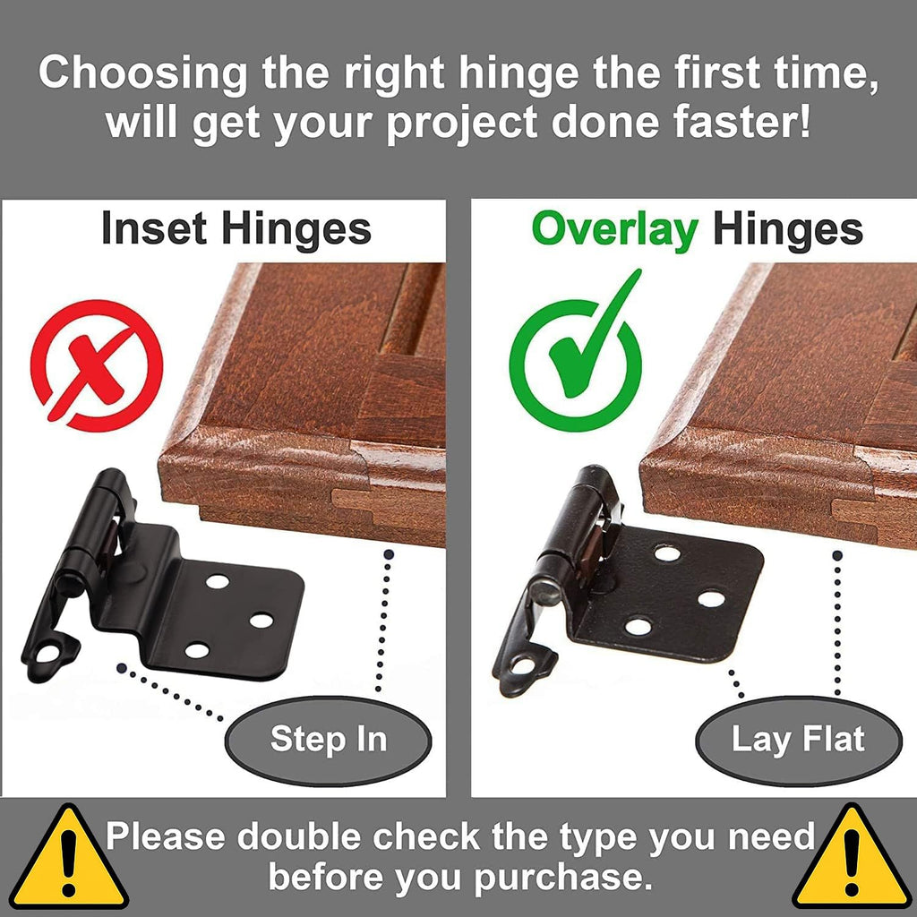 1/2" Overlay Matte Black Cabinet Hinges (2 Pair -4 Pcs) Self Closing Bath & Kitchen Cabinet Hinges Black Flush Mount