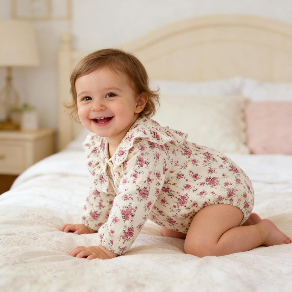 Baby Girl Floral Romper Ruffle Peter Pan Collar Bubble Sleeve Bodysuit Cotton Jumpsuit One Piece Cute Baby