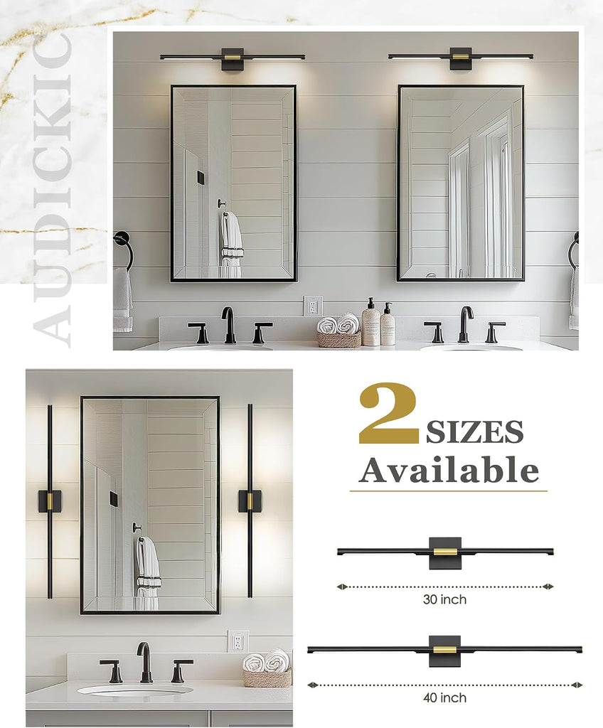 40 Inch Bathroom Light Fixtures, 24W 3CCT Dimmable Black and Gold LED Vanity Lighting Fixtures Over Mirror