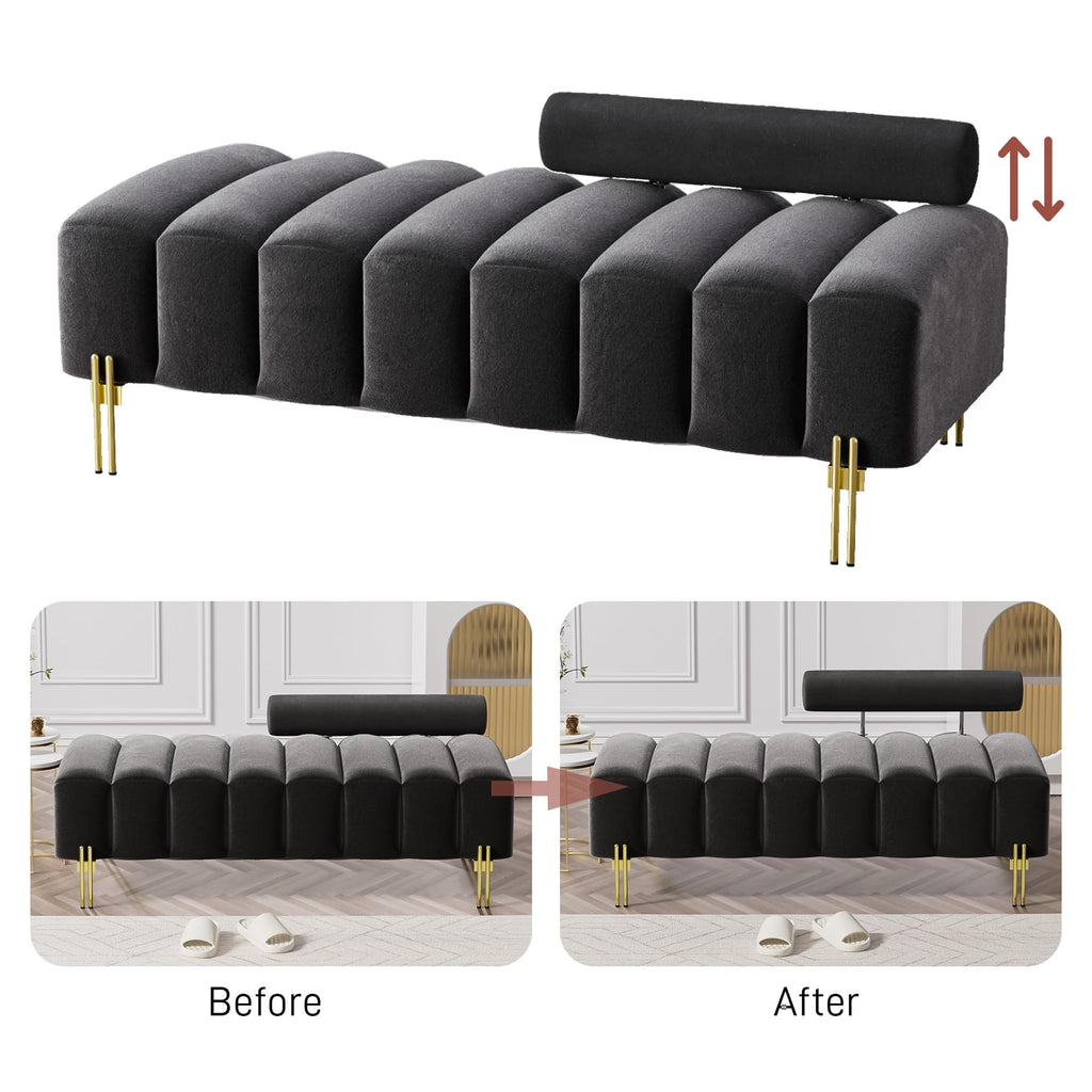 52" Velvet Bench Ottoman Bedroom Bench with Adjustable Back, Black