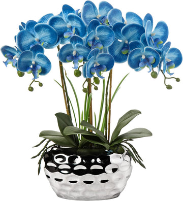 Orchids Artificial Flowers 18" Blue Phalaenopsis Large Orchid with Silver Ceramic Pots Fake Orchid Flower Bathroom