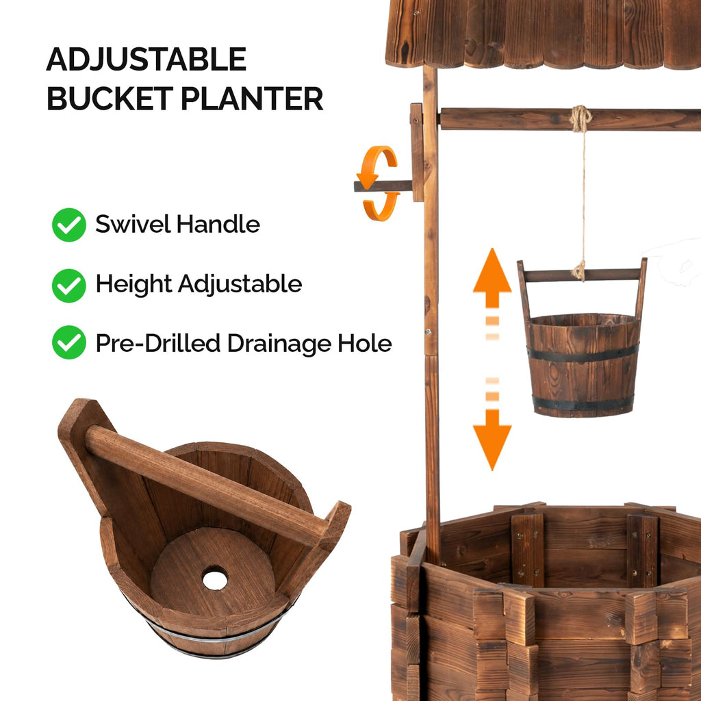 Wooden Wishing Well Outdoor Planters, Well Covers for Yard with 2 Reinforced Rods, Height Adjustable Hanging Bucket