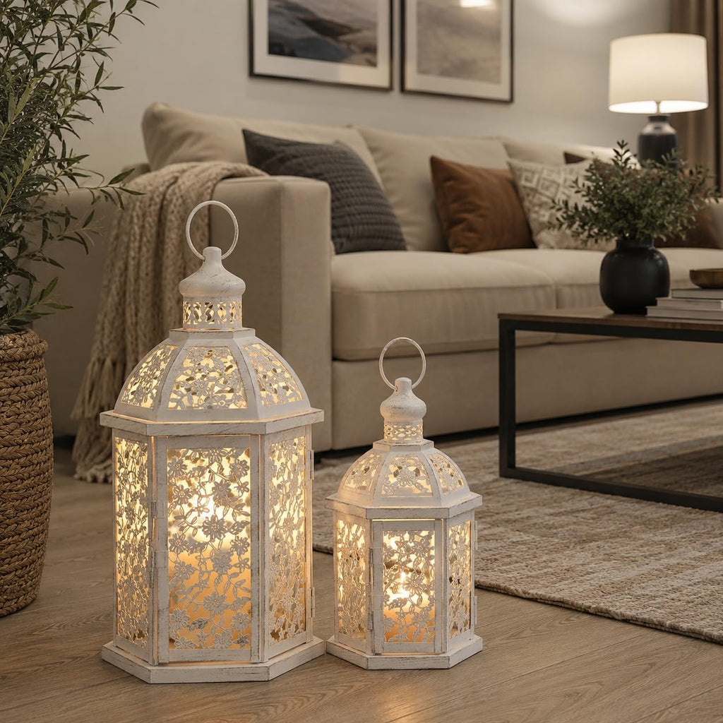 Lanterns Decorative Outdoor&Indoor, Set of 2 (15"&7") White Metal Lantern Decor, Candle Holder for Porch, Patio