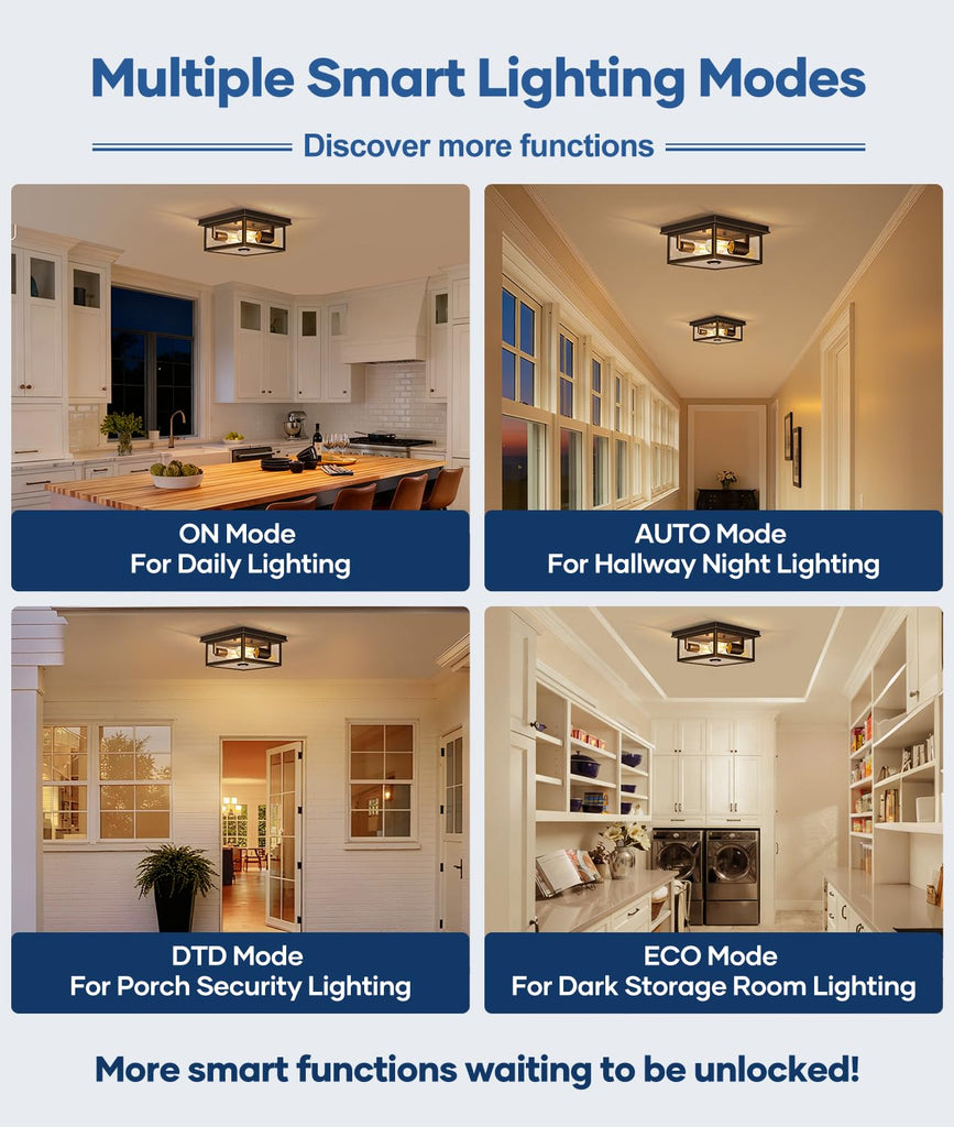 Motion Sensor Outdoor Ceiling Light with Remote, 8.5 Inch Brown and Gold Flush Mount Porch Light Fixture with United