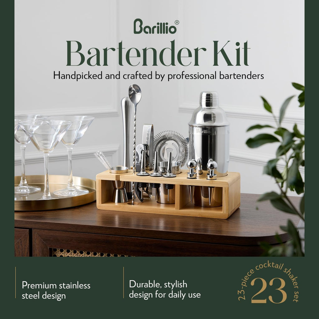 Bartender Kit - Stainless-Steel Cocktail Shaker Set w/Bamboo Stand - Mixology Bar Tools w/Drink Shaker, Mixer Spoon & - Set of 23