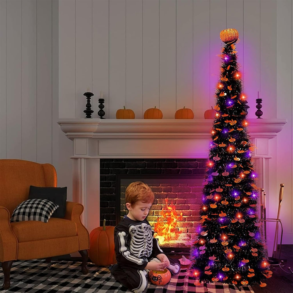5Ft Black Tinsel Halloween Tree with Lights Halloween Decorations