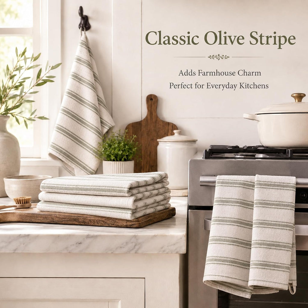 4 Pack Rustic Cotton Linen Kitchen Towels 27.2 x 17.3 inch Natural Farmhouse Sage Green Stripe Dishcloths Absorbent