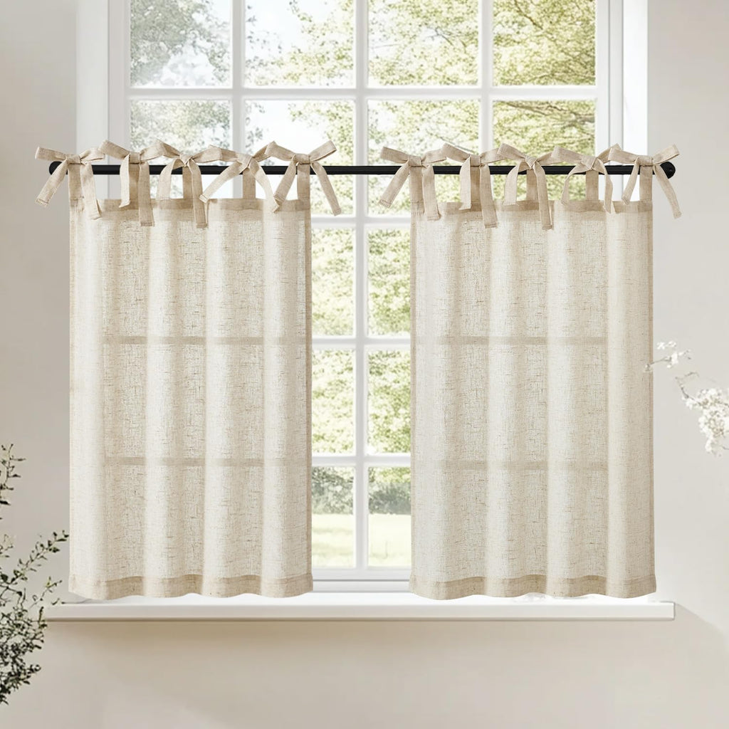 Tie Top Linen Kitchen Curtains Over Sink 24 Inch Length Tier Curtains Farmhouse Rustic Small Cafe Curtain for Bedroom