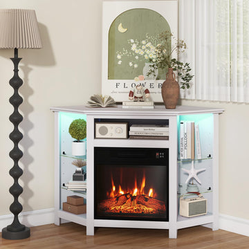 Corner Fireplace TV Stand - Electric Fireplace Entertainment Center w/Heater Insert, LED Lights, APP Control &