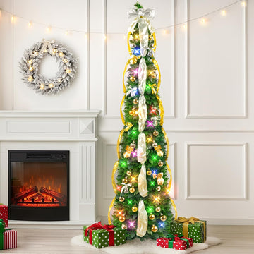 Pop Up Decorations Artificial Collapsible Tree with Lights 8Modes&Timer Predecorated Pencil Tinsel Tree Apartment