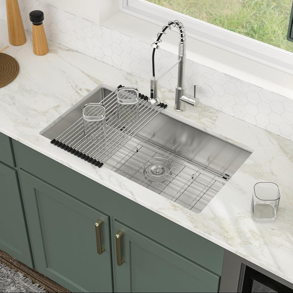 32 Inch Undermount Kitchen Sink | Stainless Steel 16 Gauge Single Bowl Under Counter Handmade Brushed Basin, 32x18x9