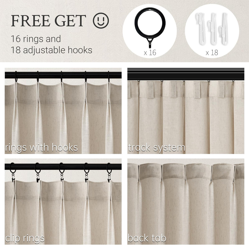 Pinch Pleated Linen Curtains 108 Inches long 2 Panels Set Oatmeal Flax Pleat Drapes Back Tab Semi Sheer Fall Cozy