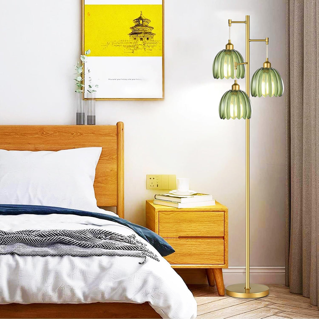 Gold Floor Lamp Bedroom, Modern Tree Floor Lamps with Green Glass Shades, 68IN Tall Standing Lamp with Bulbs, 3 Lights