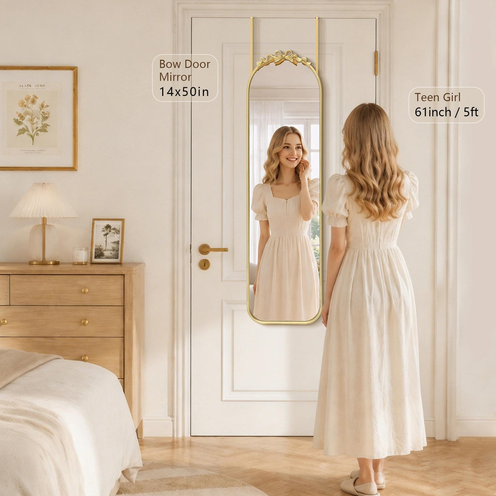 Door Mirror Full Length: 14"x50" Gold Bow Over The Door Hanging