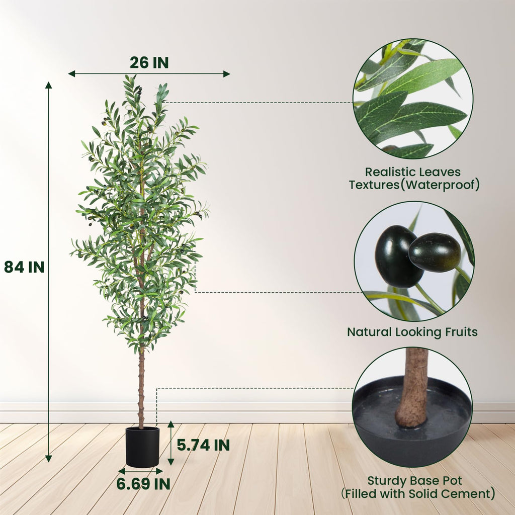 7FT Artificial Olive Tree, Tall Faux Olive Trees 84in Outdoor Fake Potted Silk Plant with Trunk and Realistic 1048