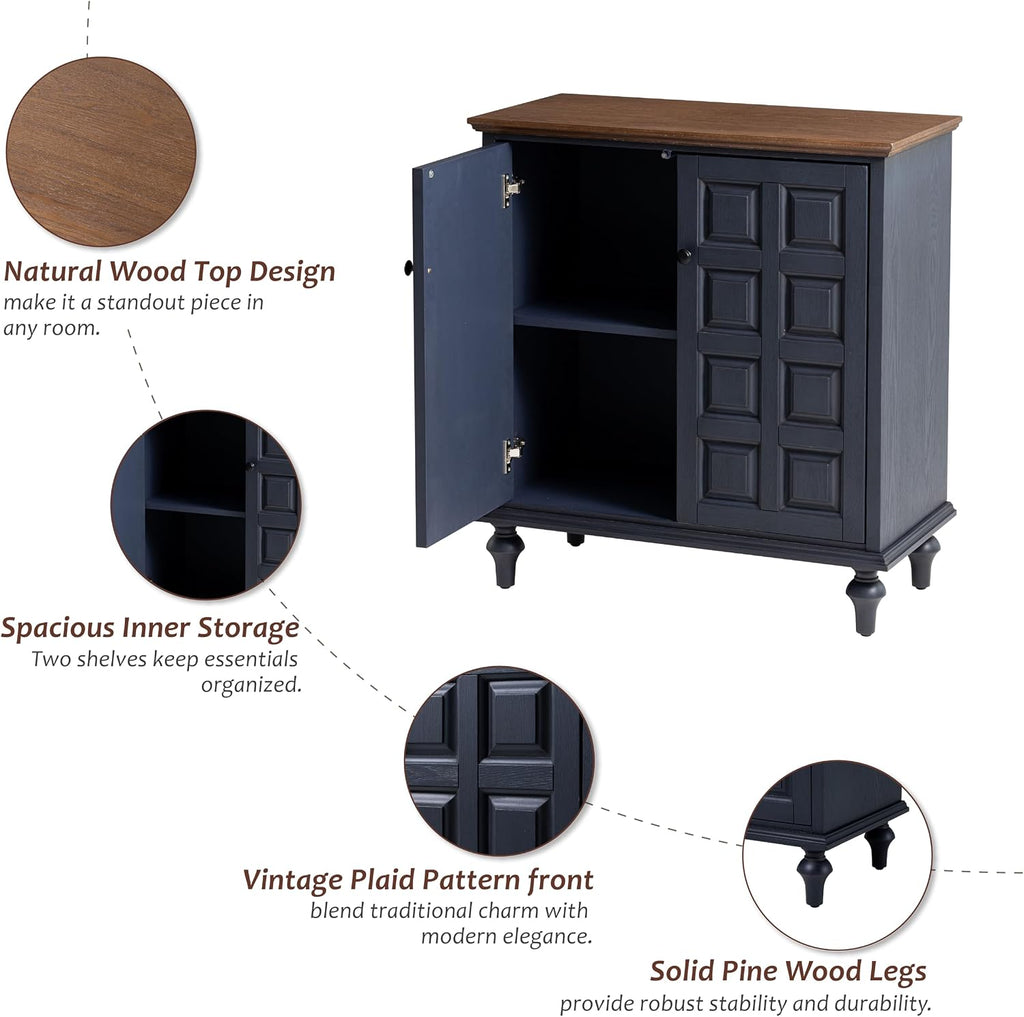 Retro 2 Door Storage Cabinet with Plaid Pattern Front, Vintage Side Table , Handles, Two-Shelves, Pine Wood, Dark