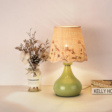 Green mall Bedside Cute Table Lamp, Table Lamps for Nightstand, Scalloped Rattan Shade Table Lamps for Small Spaces