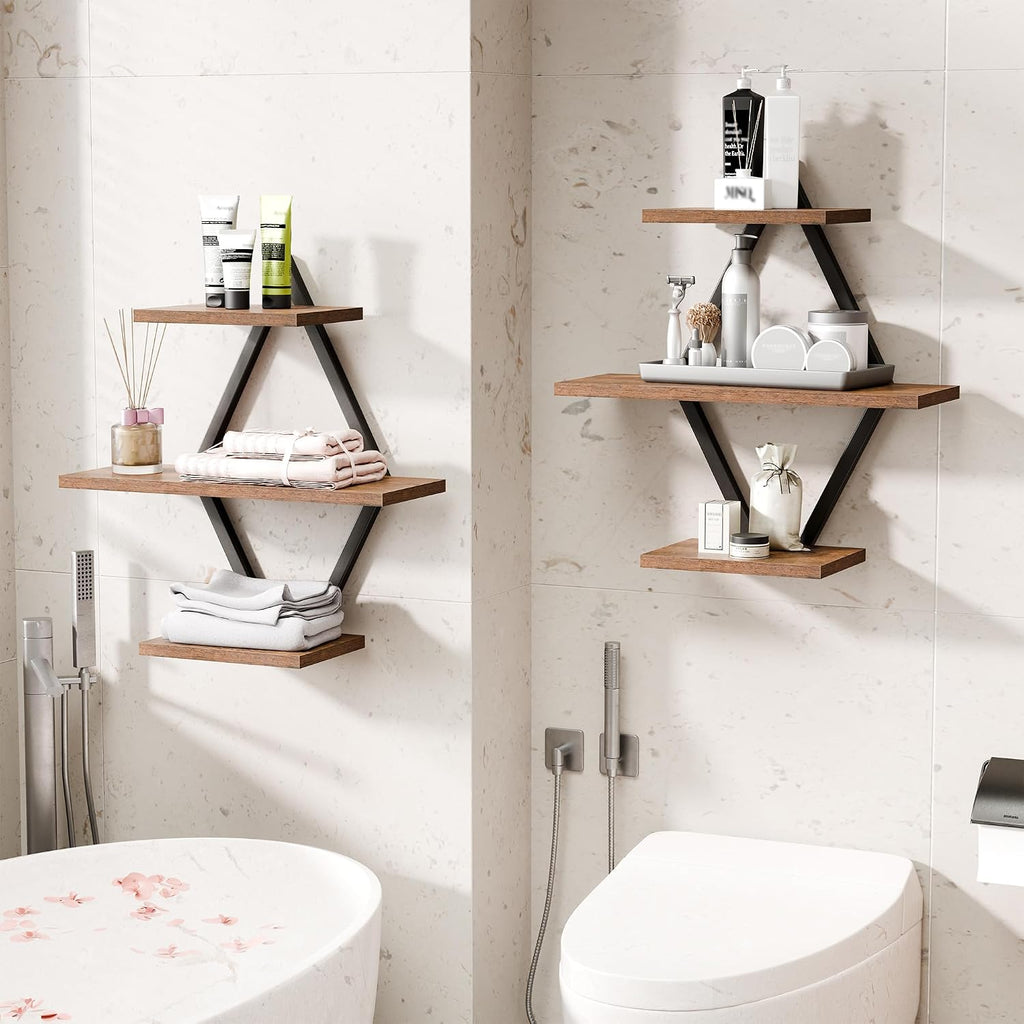 Floating Wall Shelves, Set of 2, Rustic Brown | 3-Tier Hanging, Wall Mounted, Sturdy & Durable