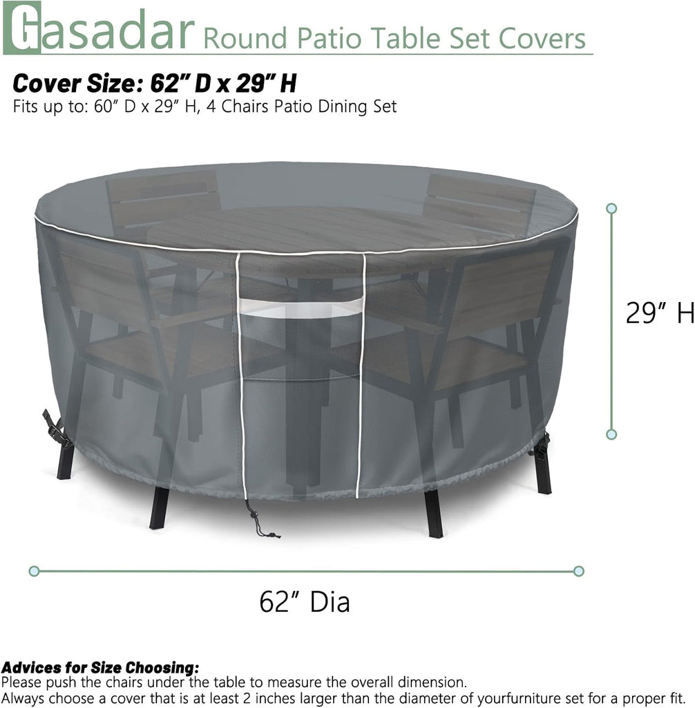 Round Outdoor Furniture Cover Waterproof, Round Patio Furniture Covers Table and Chairs Set, Heavy Duty 600D, 62" Dia