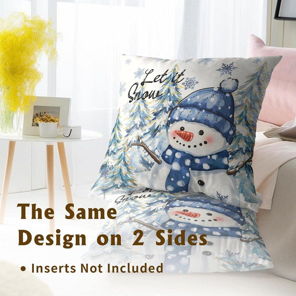 Winter Throw Pillow Covers 18x18 Inch Snow Snowman Pine Trees Holiday Cotton Hidden Zipper Pillowcases - Set of 2