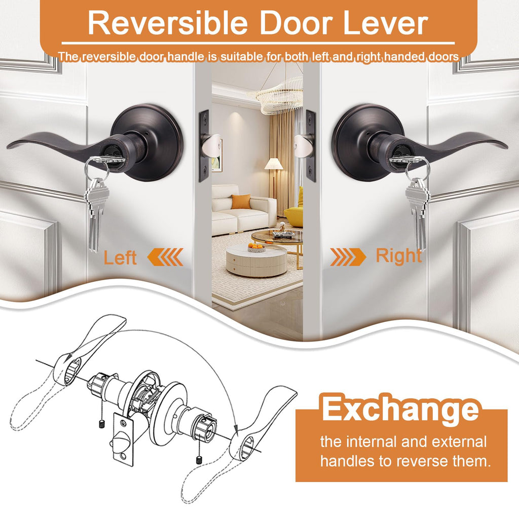 Entry Door Lever Oil Rubbed Bronze, Wave Style Handle Exterior Interior Keyed Entry Lock, Right/Left Handed Entrance