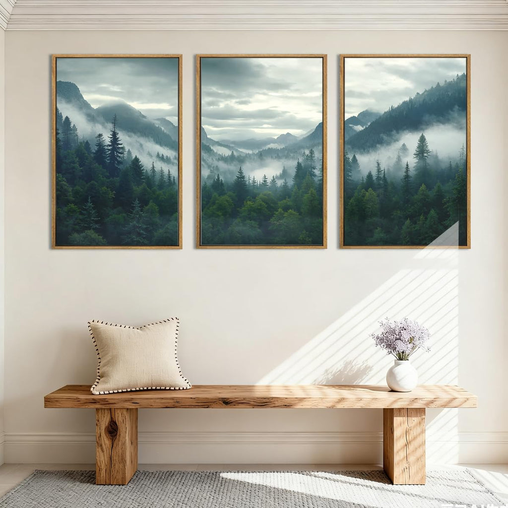 Large Misty Mountain Framed Wall Art 16x24 inch Green Foggy Forest Canvas Wall Decor Modern Pine Trees Nature