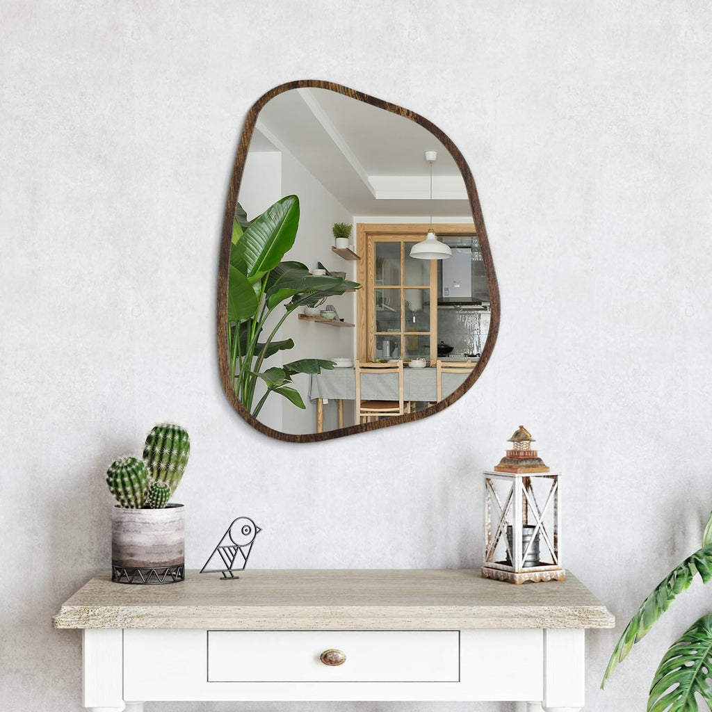 Asymmetrical Mirror Irregular Oval Wall Mirror Modern Wood Frame Unique Shape Wall Mounted Vanity Artistic Mirror