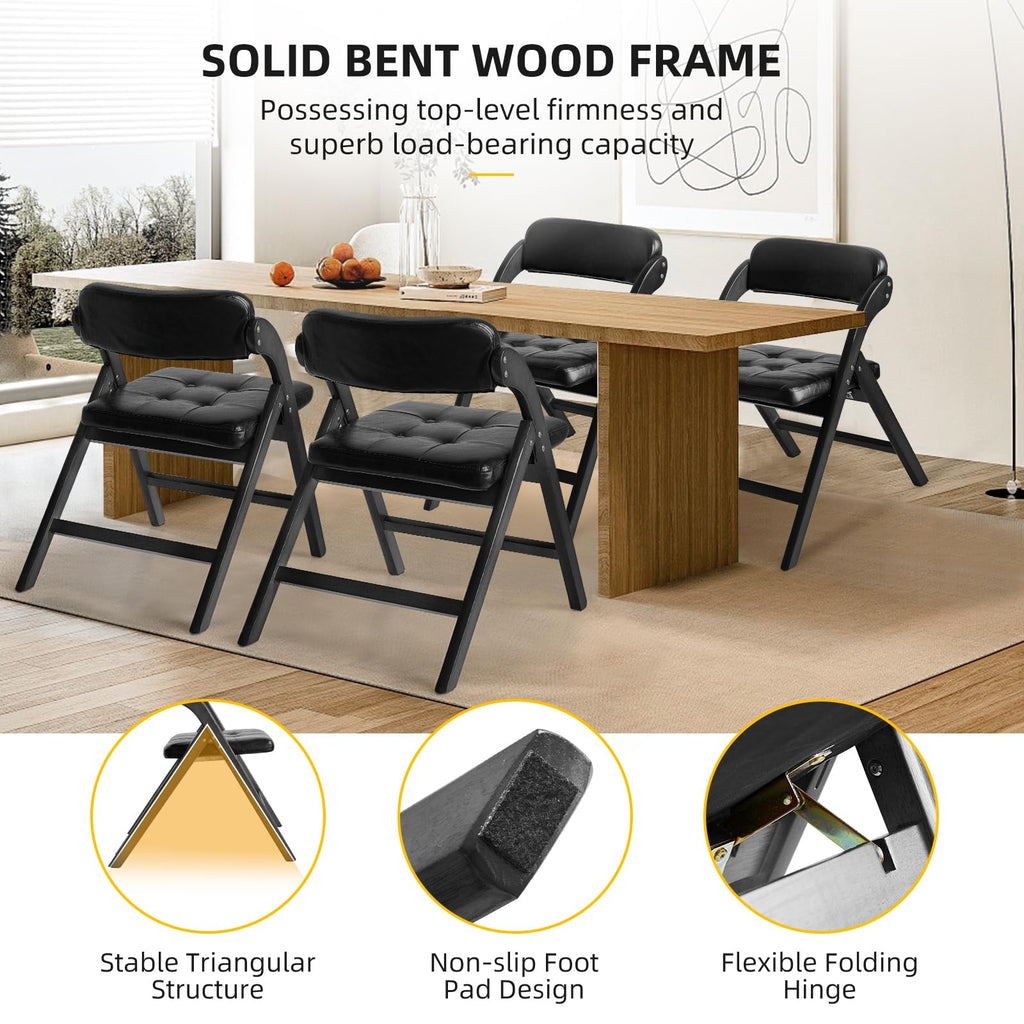 Wooden Folding Chairs Set of 2, Padded Foldable Chairs, Black