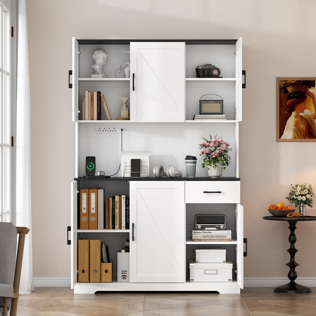 71'' Farmhouse Kitchen Pantry Cabinet, Tall Storage Cabinet with Power Outlet, Freestanding Hutch with Drawer, 4