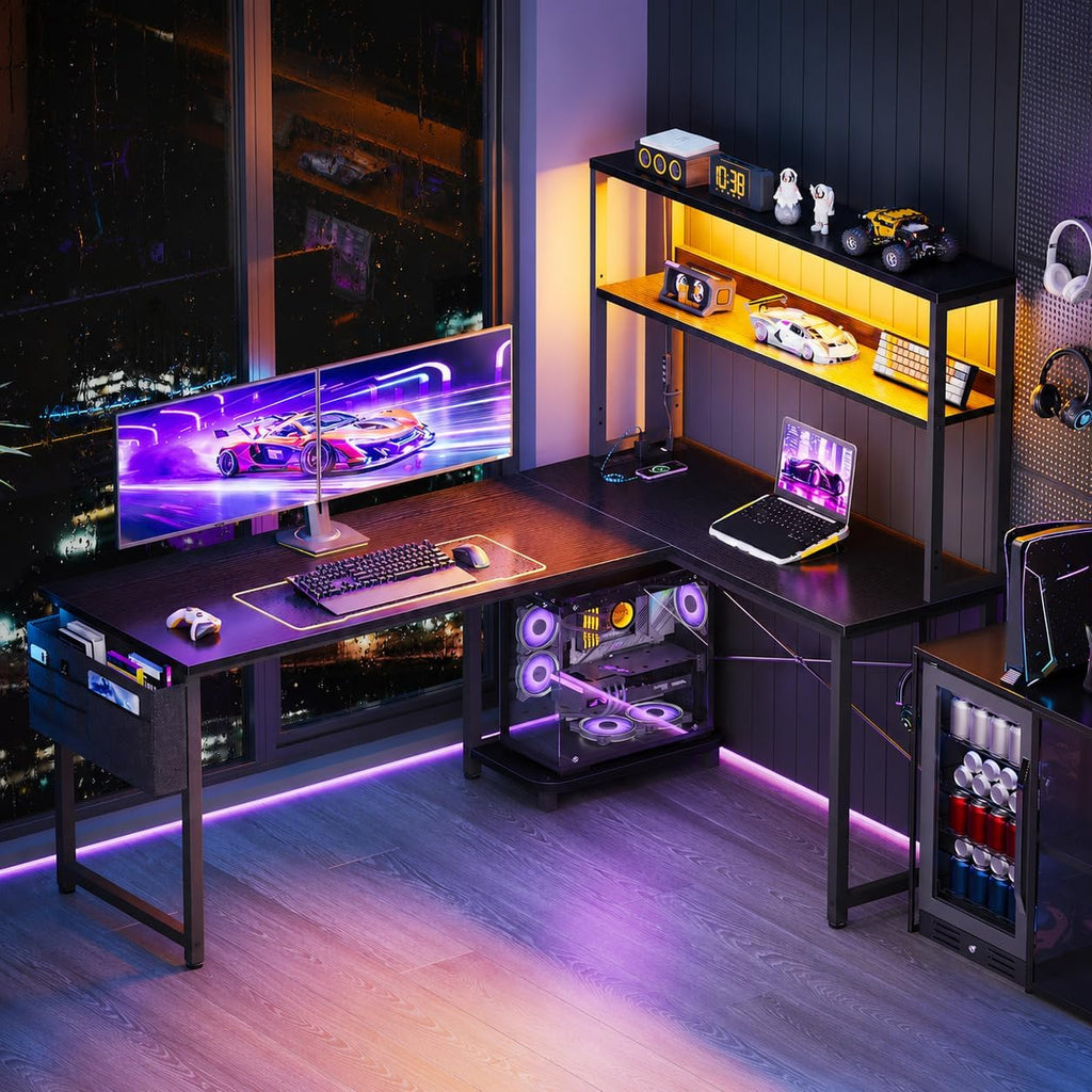 53" L Shaped Gaming Desk with Shelves, LED & Outlets, Black | Hook for headset, bag for gear. Shelves for books &