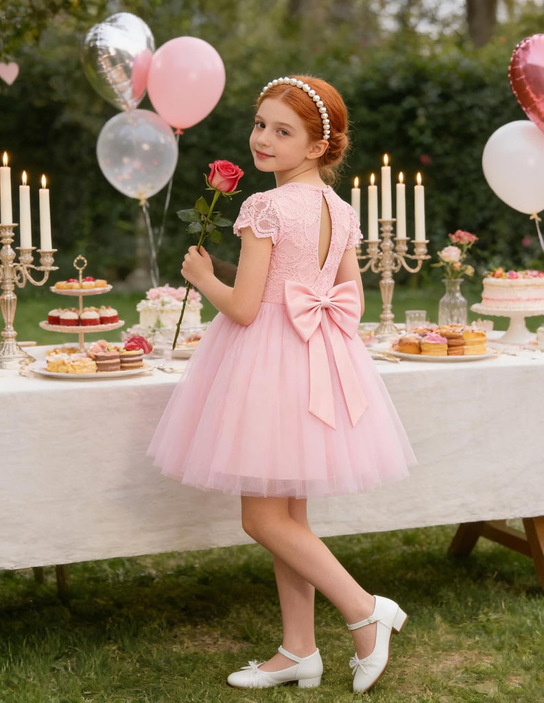 Flower Girl Dress Big Bow Kids Lace Tulle Princess Wedding Gown
