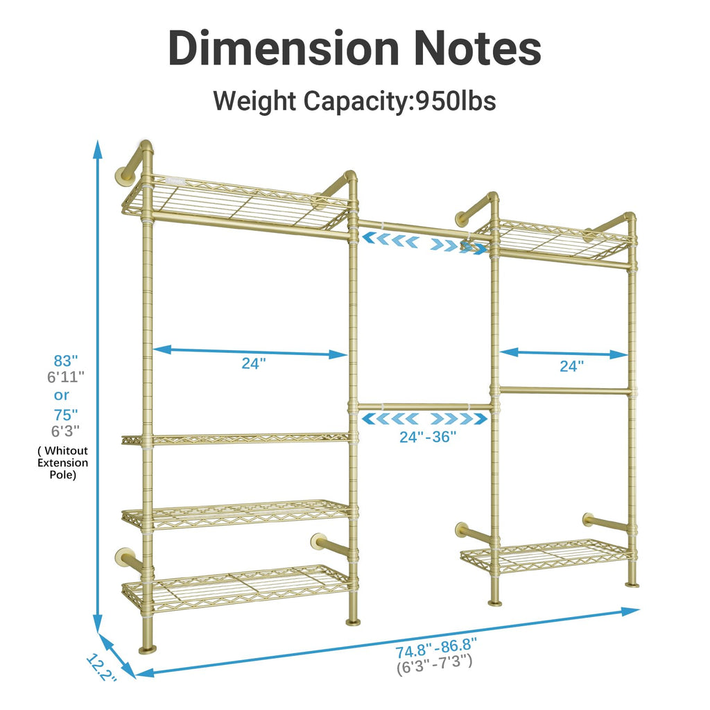 F3 Garment Rack Heavy Duty Clothes Rack for Hanging Clothes, Expandable Industrial Pipe Wall Mounted Clothing Rack