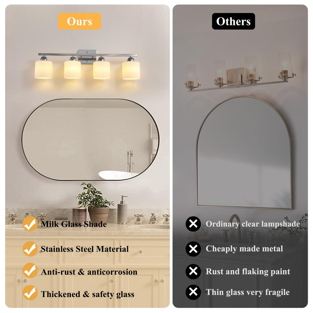 Stainless Steel Milk Glass Vanity Lights, 4 Light Chrome Bathroom Light Fixtures Over Mirror, Ceramic E26 Sockets