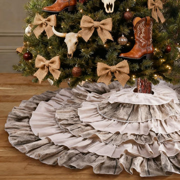 48 Inch Western Farmhouse Tree Skirt, 6-Layer Ruffled Wood Grain & Burlap Design, Rustic Country Cowboy Holiday