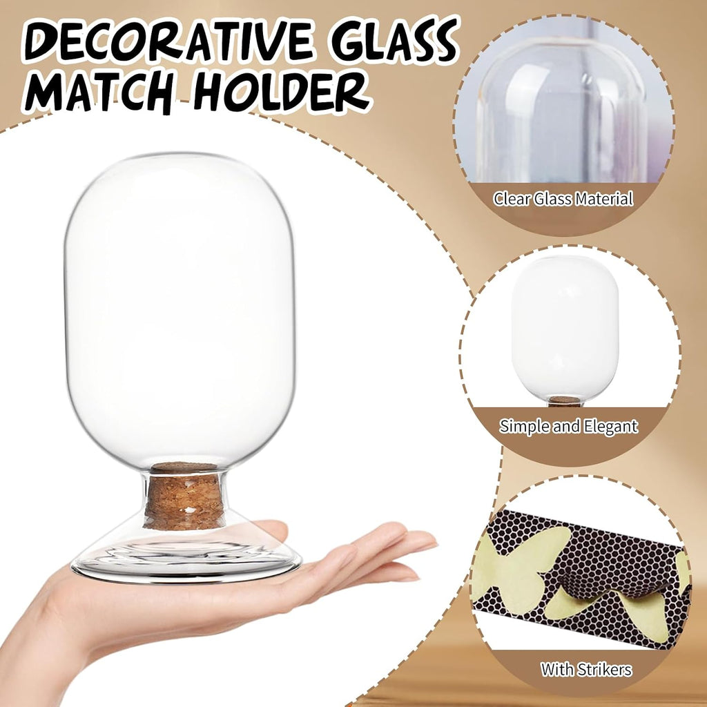 Glass Match Holder Jar with Striker, Decorative Glass Container for Matches Fireplace and Home Display (Simple)