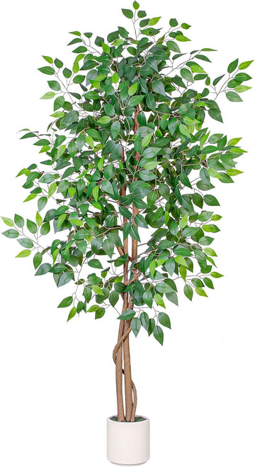 6FT Artificial Ficus Tree with White Planter, Realistic Faux Silk Indoor Outdoor Plant Living Room, Porch, Garden
