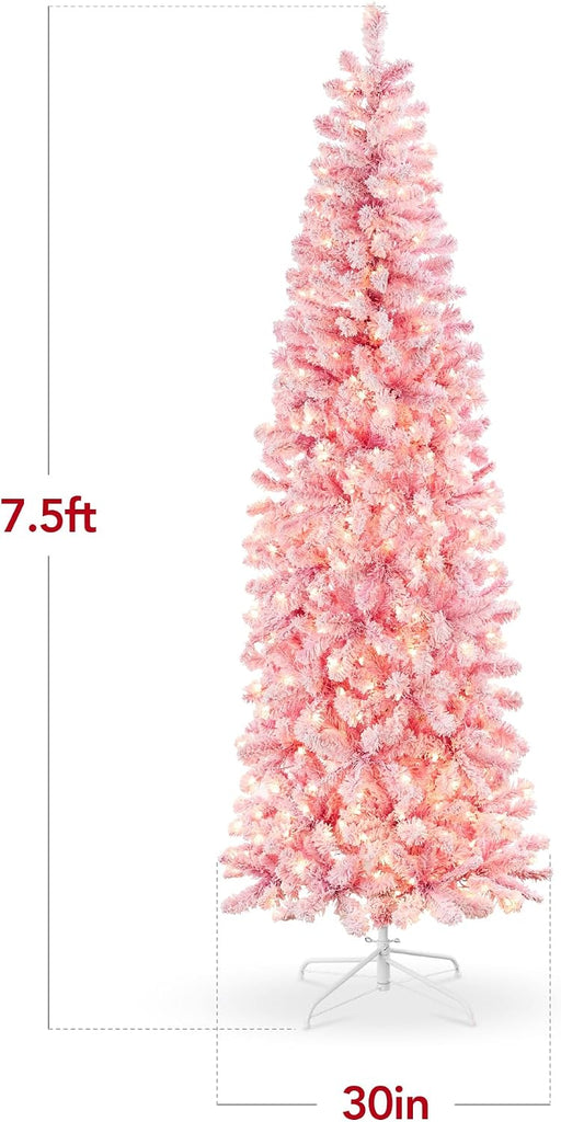 Flocked Pink Pencil Christmas Tree, Pre-Lit Slim Artificial Holiday Decoration, Lighted Skinny w/Base, Warm