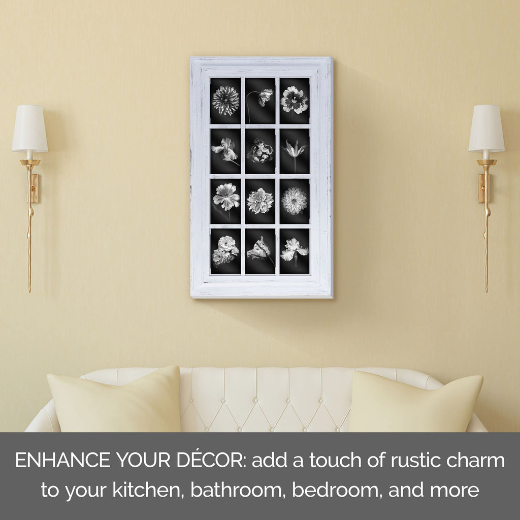 Collage Picture Frame for Wall, Holds 12 4x6 Photos, Distressed White Wood and Glass, Horizontal or Vertical Hanging