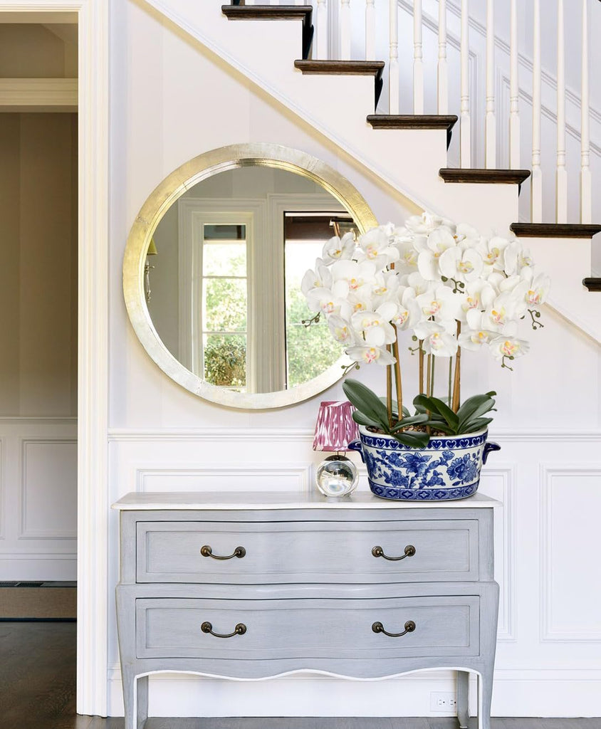 Large White Orchid Artificial Flower in Blue and White Porcelain Pot 25.6" Faux Silk Orchid Arrangement Fake Orchid