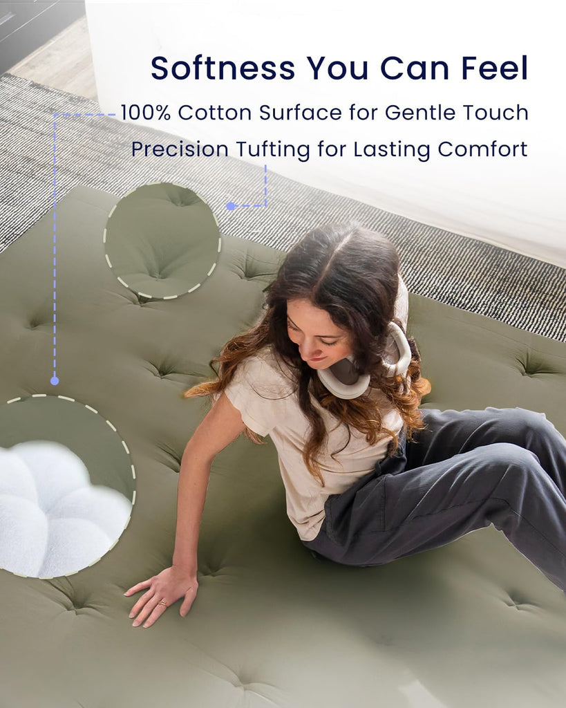 Japanese Floor Futon Mattress Queen Size 60"x 80"(Winter Moss), with Futon Mattress Cover 64'' x 84'' Queen
