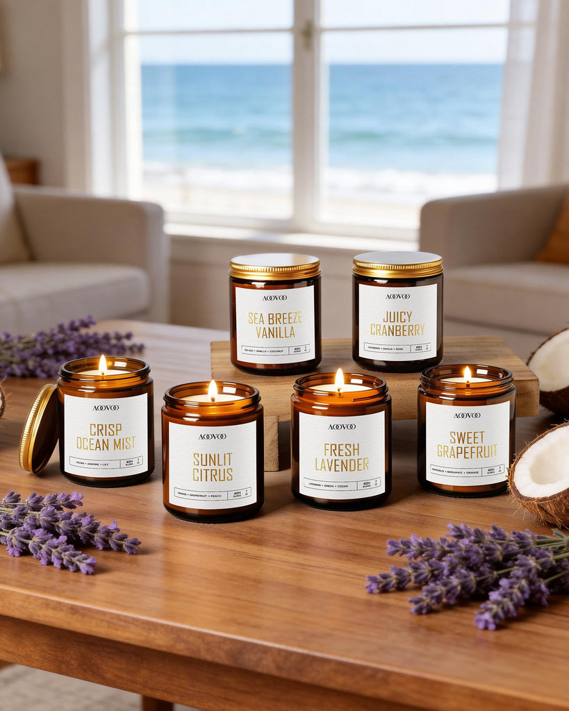 S Set - 6PC Scented Candles, Soy, Aromatherapy, Soy Wax, Fresh Lavender/Sunlit Citrus/Sweet Grapefruit/Crisp Ocean
