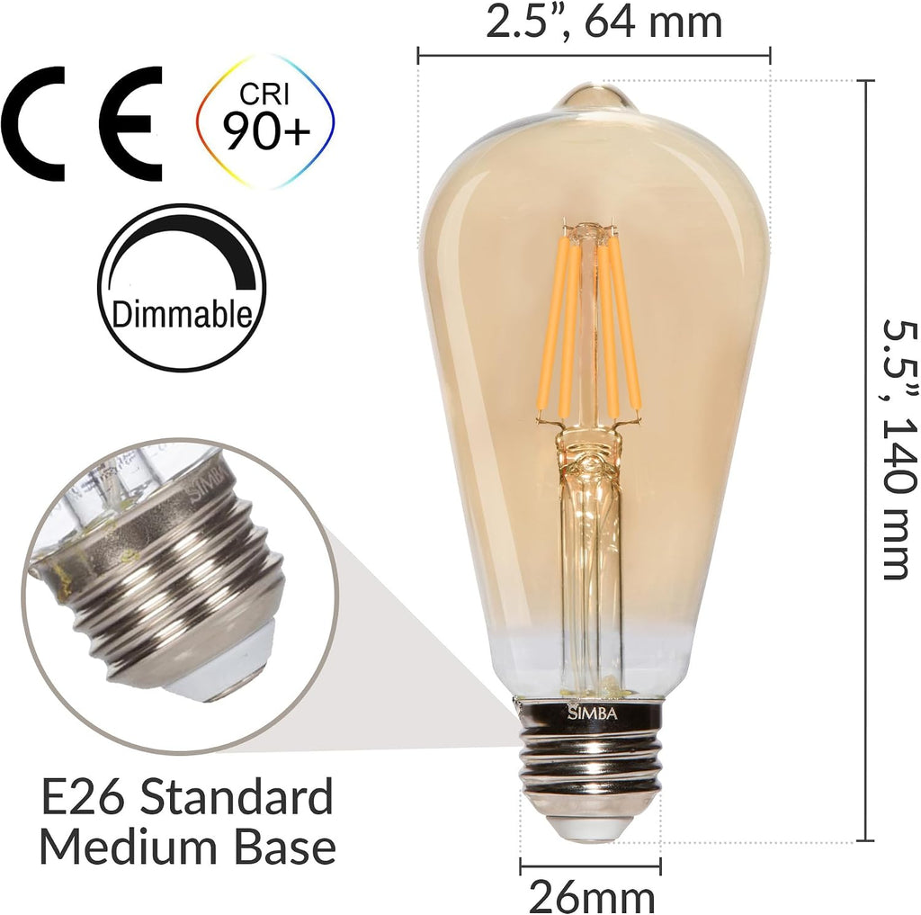 LED Edison Vintage Filament ST21 6W Bulbs E26, 2200K, 6 Pack