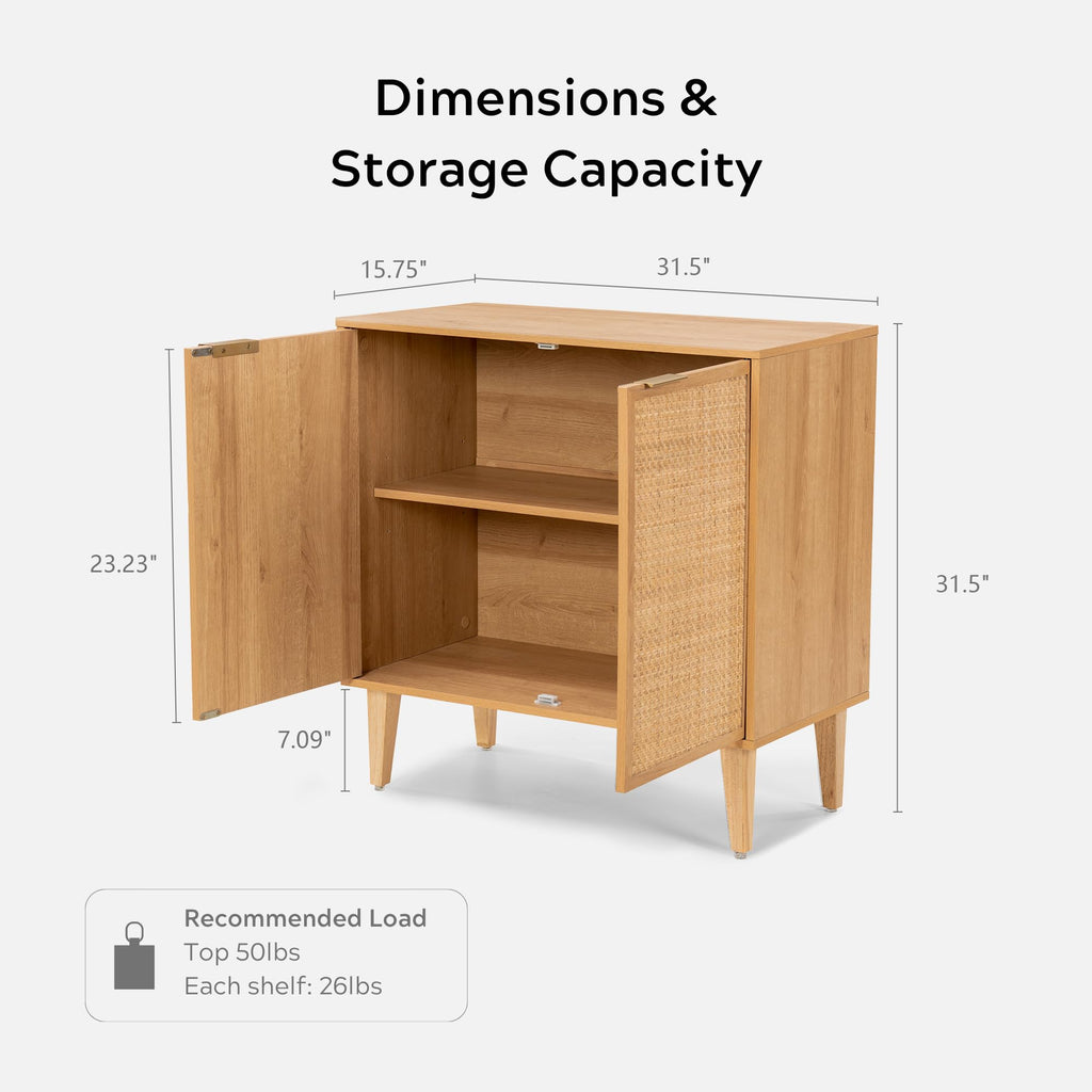 Accent Storage Cabinet Sideboard with Rattan Doors, Boho Buffet Kitchen Bar Cabinet Farmhouse Credenza Cabinet with